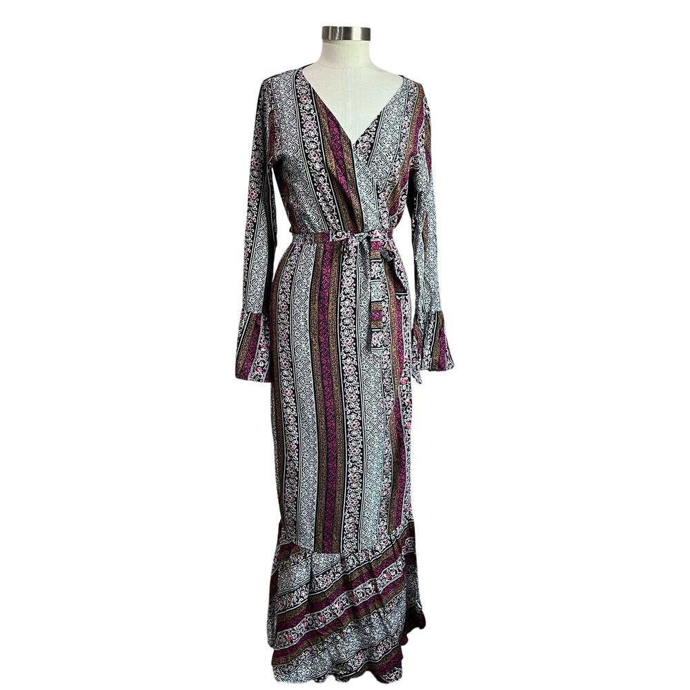 Bohemian Stripe Wrap Maxi Dress in Plum and Ivory